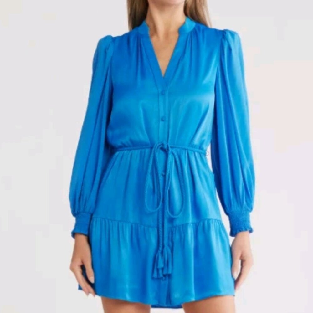 alice + olivia size 6 glossy blue long sleeve belted button up v neck mini dress